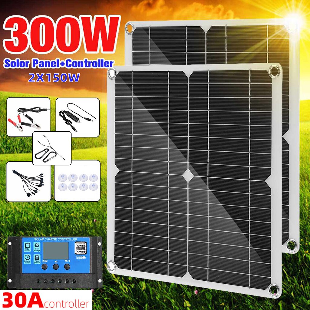 300W Solar Panel Kit 2 in 1 18V Battery Charger Maintainer for Car RV Vehicle Marine Boat Solar Charge Controller