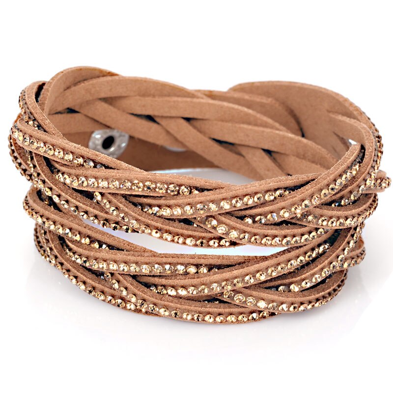 Miasol Trendy Crystal Wrap Rhinestones Braided Double Wrap Leather Charm Bracelet For Women Girl Bracelets: Light Coffee