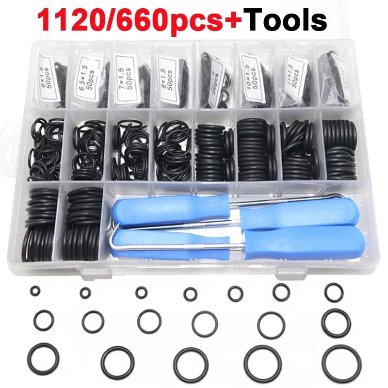 660pcs 1120pcs Nitrile O Ring Kit with 4pcs Hook Tools NBR Rubber Seal Ring Set Thickness 1.5mm 2.4mm Gasket O-Rings with Box