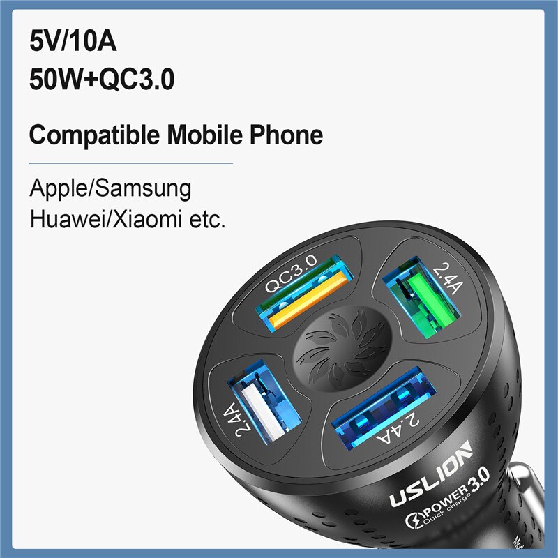 USLION 50W 4 porty ładowarka samochodowa USB QC4.0 QC3.0 Mini szybkie ładowanie dla iPhone 13 11 Xiaomi Huawei ładowarka do telefonu Adapter W samochodzie