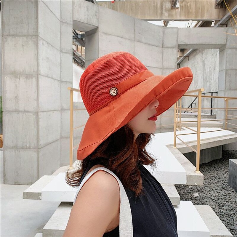 Women Summer Foldable Sun Hat Beach Solid Color Net Mesh Large Wide Brim Anti-UV Hat Female Lady Cloth Sunscreen Breathable Cap: Red