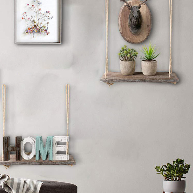 Estantes de almacenamiento oscilantes de pared, estante colgante de madera, organizador de cuerda de yute, bricolaje, decoración del hogar, decoración de habitación, salón de Casa