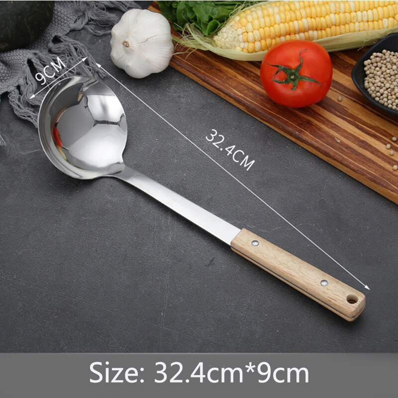 Stainless steel kitchenware set solid wood handle spatula frying shovel spoon kitchen tool cooking cookware sets: C