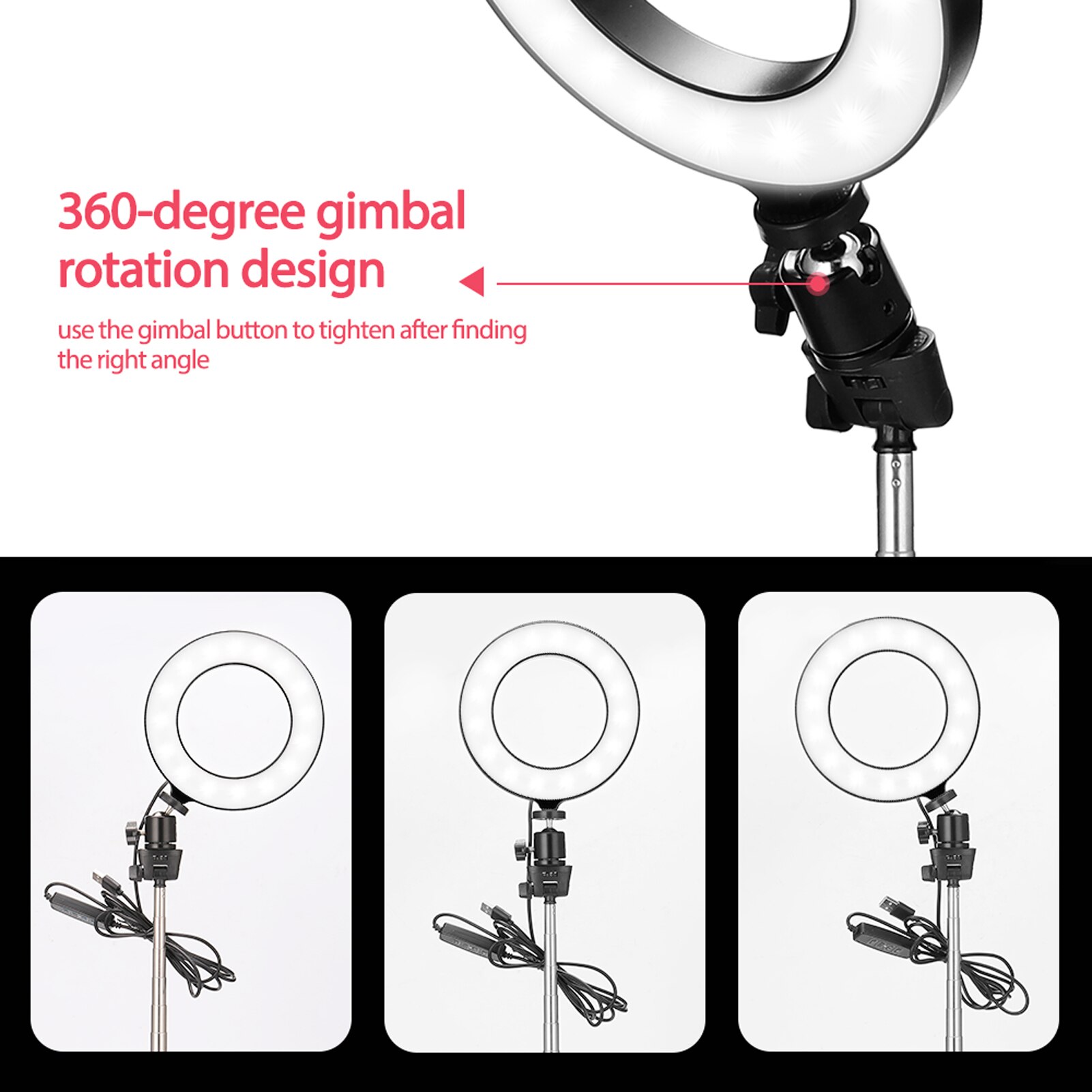 Photography Light LED Ring Light USB Dimmable Wide Dimming Range LED Round Fill in Light Tripod for Photo Selfie Photography