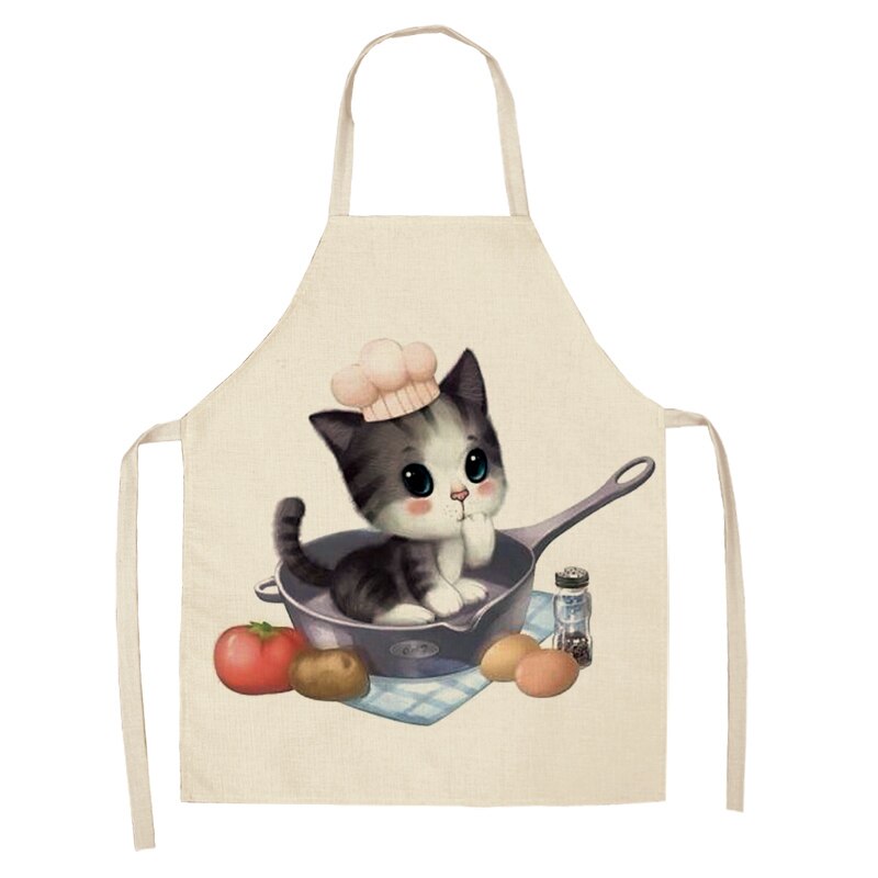 Keukenschort voor vrouwen, schattige cartoon kat bedrukt, mouwloze katoenen linnen schorten voor koken, schoonmaakgereedschap 53*65cm: En