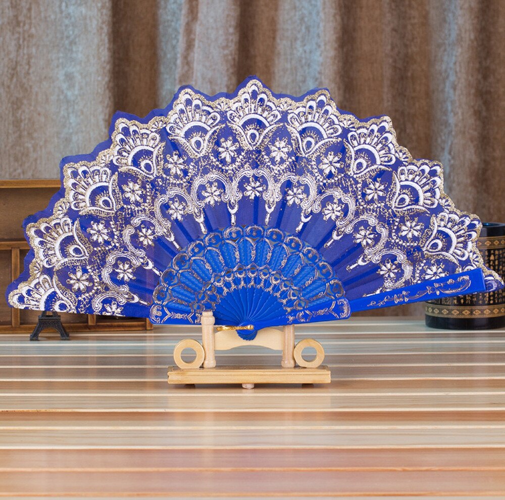 Zomer Chinese/Spaanse Stijl Dance Wedding Party Lace Silk Folding Handheld Bloem Fan Kleurrijke: Blue 