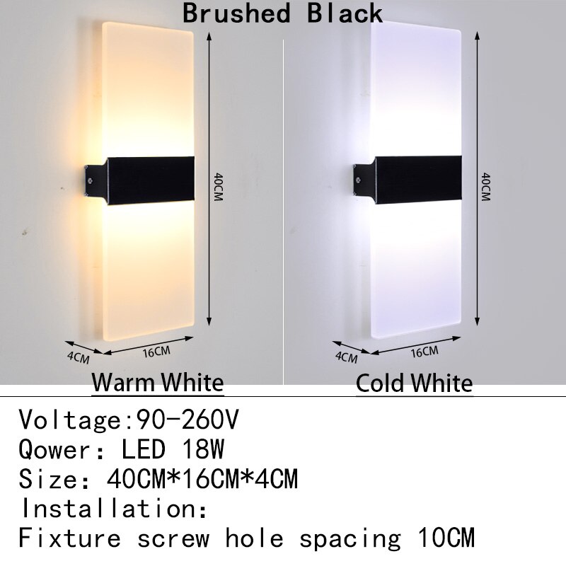 Mini 4/6/12/18W Led Acrylic Wall Lamp AC90-260V Long warm white Bedding Room Living Room Indoor wall lamp Bedroom Modern Simple: Warm White (2700-3500K) / Brushed Black 40CM