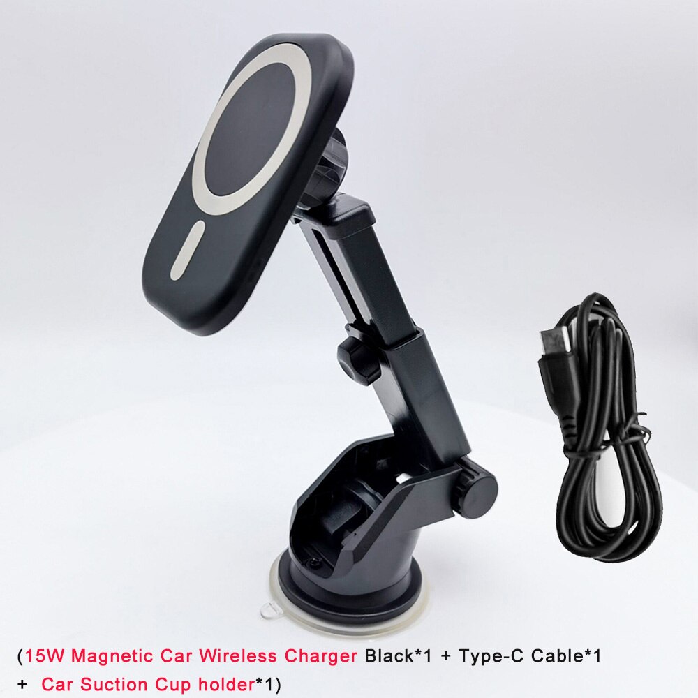 15W Magnetic Car Wireless Charger - Fast Charging Holder for iPhone 12 Series - Type-C: Black a Sucker