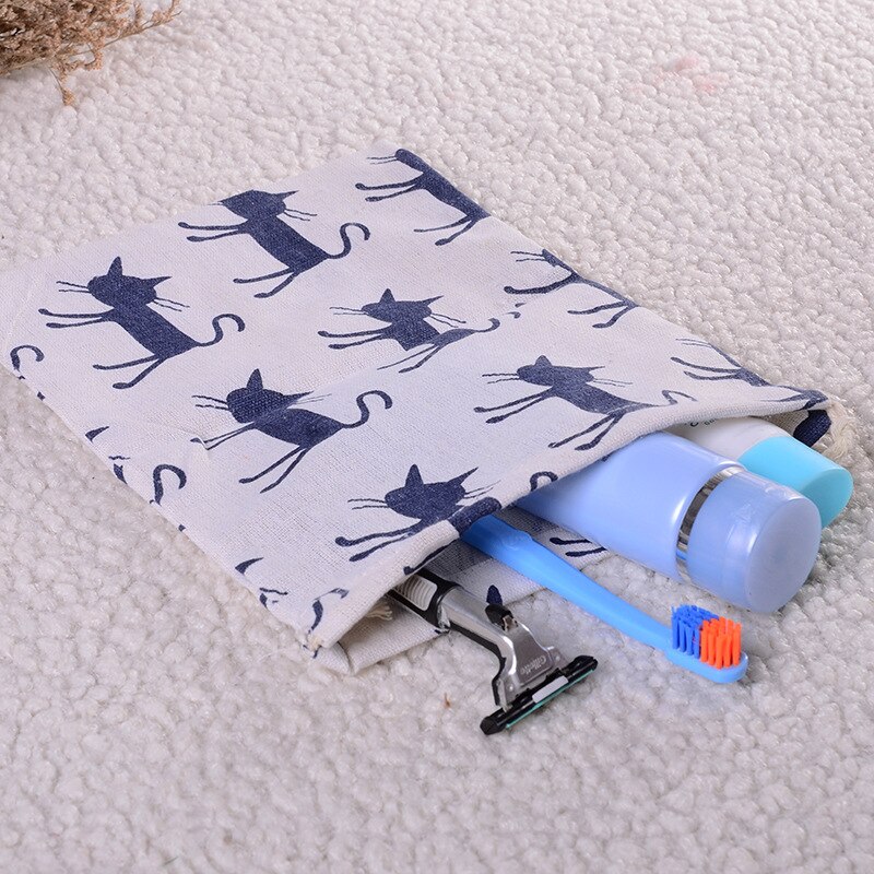 Cotton Linen Cat Pattern Beam Drawstring Bag Cosmetic Bag Travel Makeup Case Organizer Women Men Shoes Zakka Storage Pouch