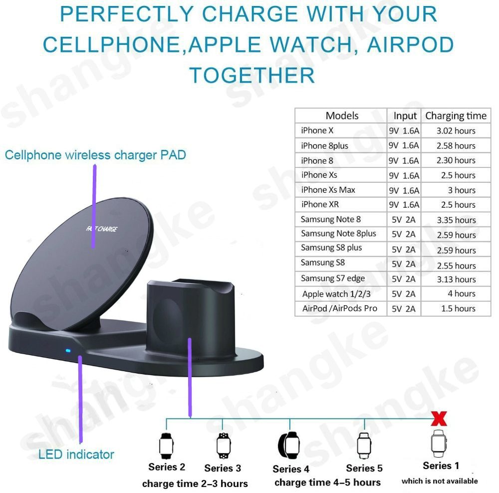 Wireless Charger Stand for iPhone AirPods Apple Watch, Charge Dock Station Charger for Apple Watch Series 5/4/3/2 iPhone 12 11 X