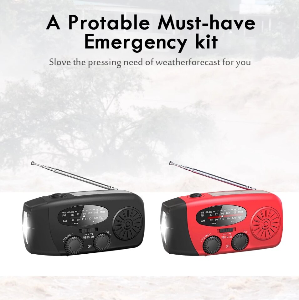 Multifunctional Hand Radio Solar Crank Dynamo Powered AM/FM/NOAA Weather Radio With Emergency LED Flashlight and Power Bank