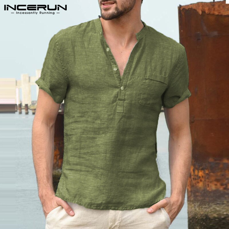 Incerun sommer fritidsskjorter for menn kortermede v-hals basic bluse casual løse tynne topper menn pluss størrelse s -3xl