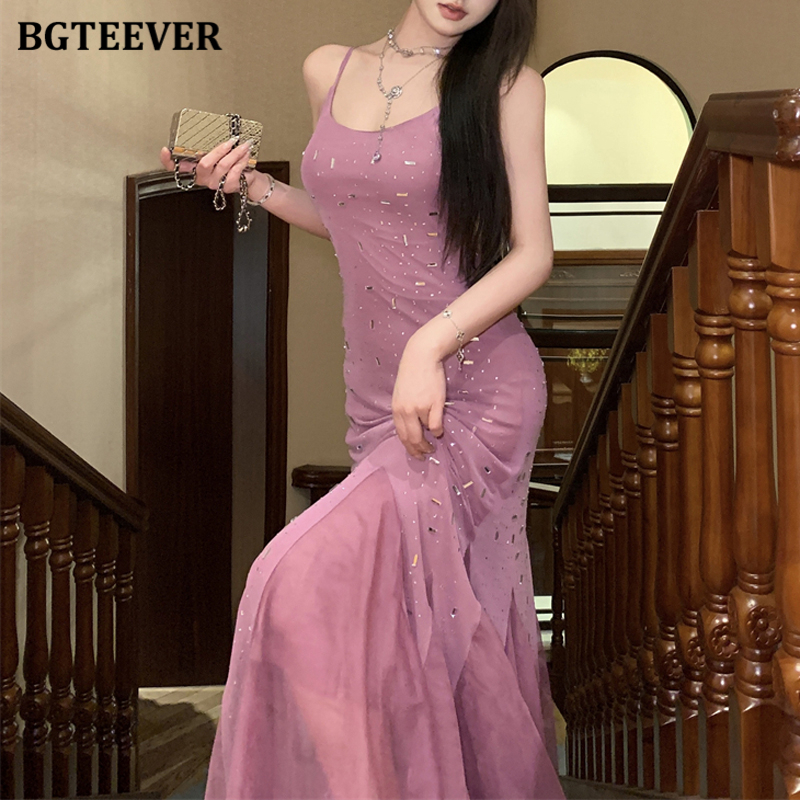 BGTEEVER Women Sleeveless Mermaid Dress Summer Slim Waist Female Spaghetti Strap Package Hip Dress Ladies Vestidos