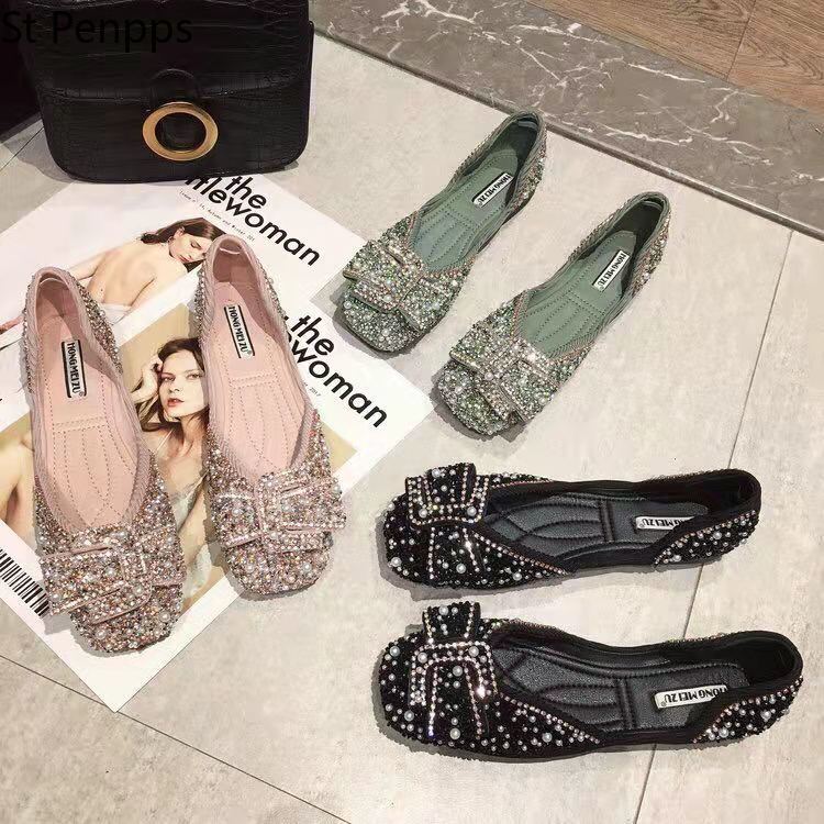 Women Ballet Flats 2022 Bling Crystal Diamond Dress Ladies Bow Sequins Single Shoes Rhinestone Glitter Square Toe Plus Size 43