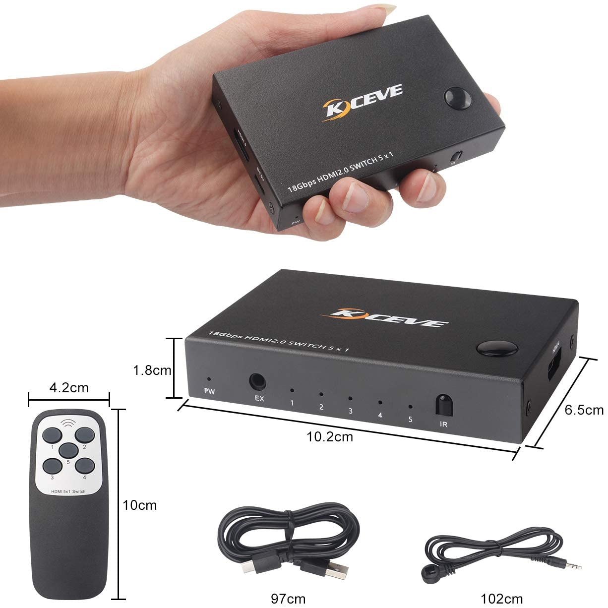 5 Ports 18Gbps HD 2.0 Switcher 5 Input 1 Output KVM Switch Screen Switcher Shared Keyboard and Mouse Switching