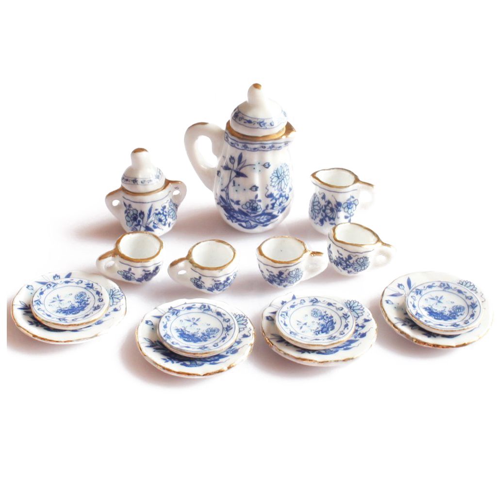Abwe best 1/12th dining ware porcelæn keramisk te sæt dukker hus miniaturer blå blomst
