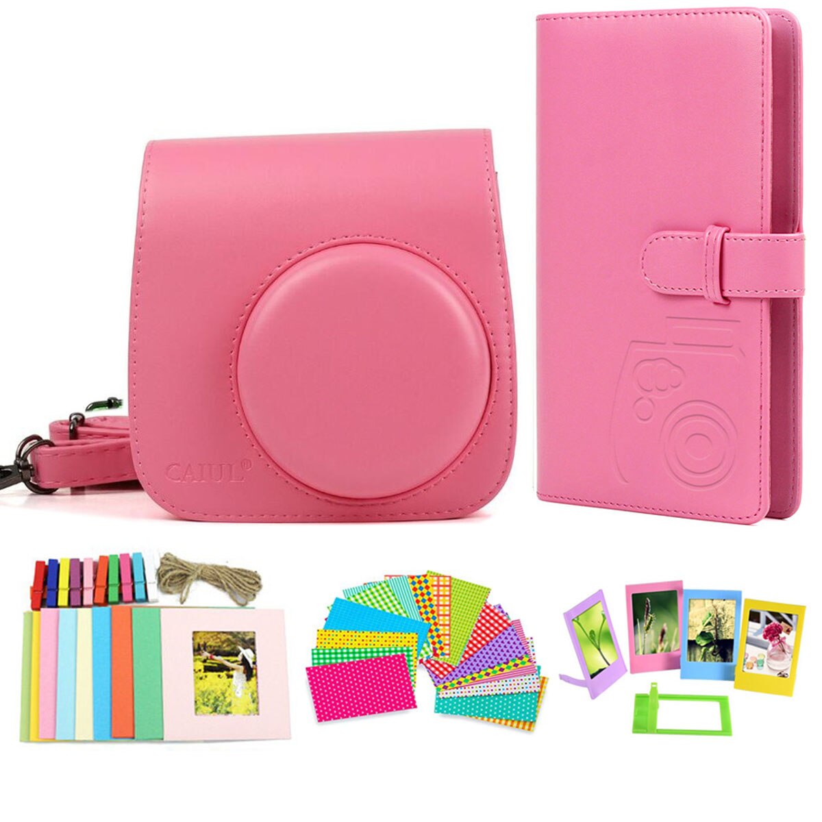 Fujifilm Instax Mini 8 9 ensemble d'accessoires pour appareil Photo avec étui 96 Photos Album 10 cadre Photo suspendu 5 cadres de Table autocollants 20pc: Flamingo Pink Bundle
