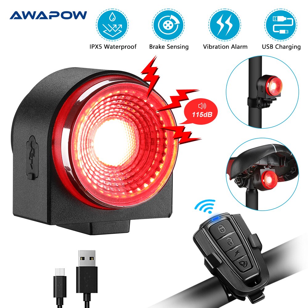Awapow z zabezpieczeniem przeciw kradzieży rowerowy ogon alarm świetlny USB akumulator Super jasne światło rowerowe IP65 wodoodporne tylne światło doprowadziło lampa rowerowa