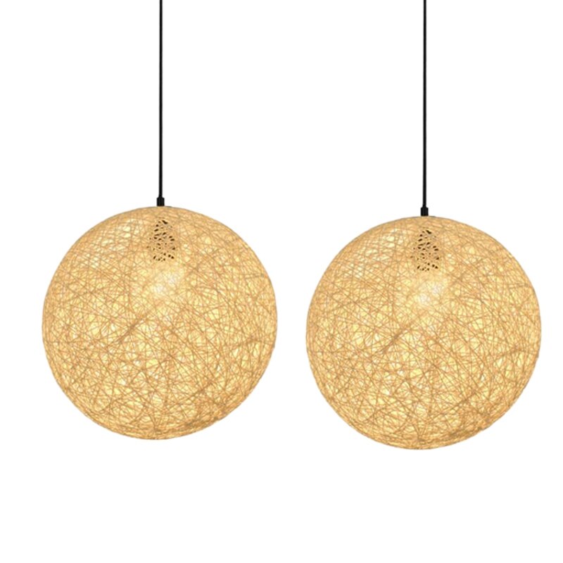 2 Pack Rattan and Hemp Ball Chandelier Individual Creativity Spherical Rattan Nest Lampshade