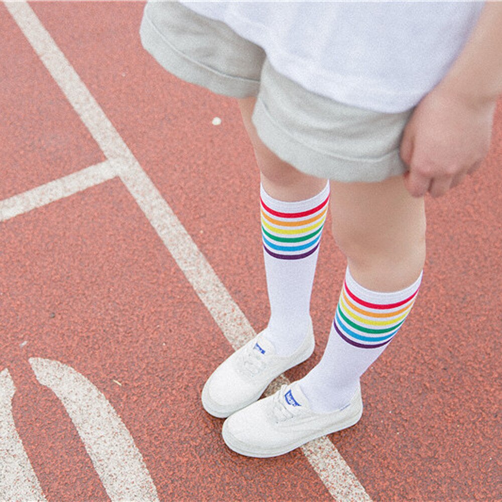 Perimedes Professionele Sport Sokken Over Knie Regenboog Streep Meisjes Voetbal Sokken Zwart Wit