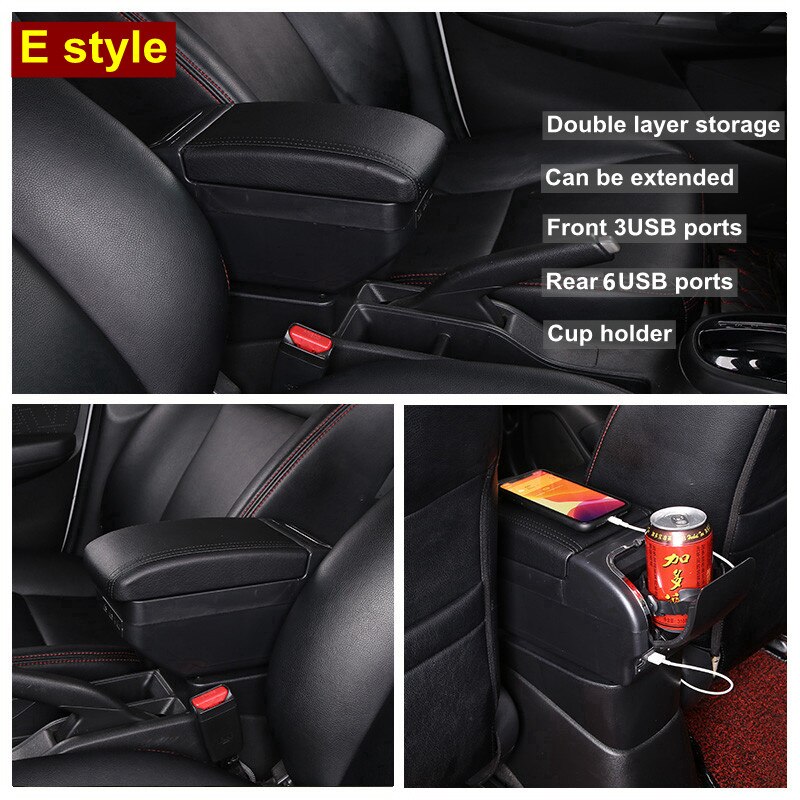 Car Armrest box For Hyundai I10 Rotatable Center Centre Console Storage Box with USB interface decoration accessories: E All Black 9 USB