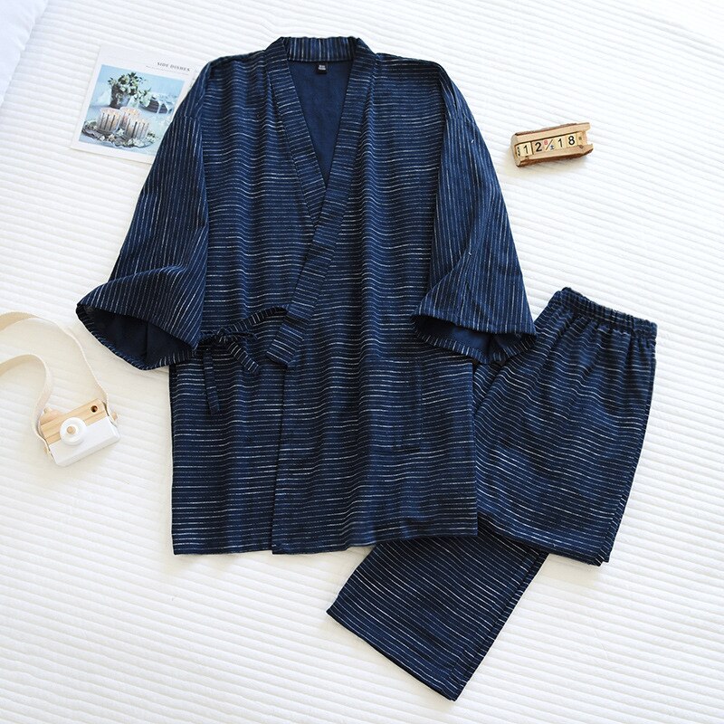 Spring/Summer Men's Kimono Suit Jacquard Cotton Japanese Striped Trousers Breathable Simple Two-piece Suit Pijamas De Verano: dark  blue / L