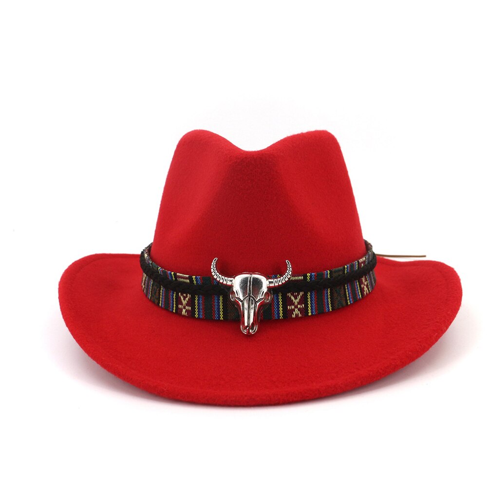 Chapéu de vaqueiro ocidental, chapéu de cowboy da moda, com cabeça de vaca, aba larga, chapéu de lã pop jazz, chapéu de inverno, tamanho 56-58cm: Red