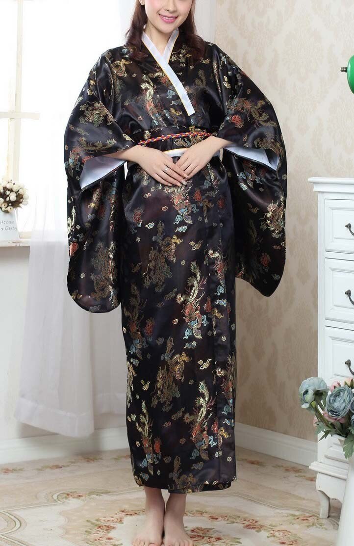 Zwart Rood Traditionele Yukata Japanese Women 'S Silk Kimono Met Obi Vintage Prestaties Dans Jurk One Size WK009
