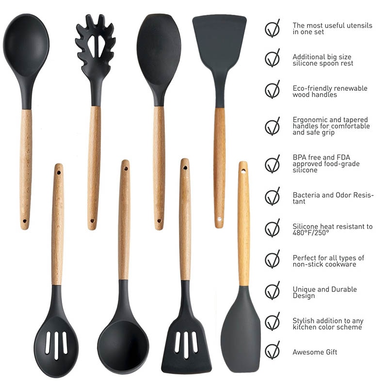 TEENRA 8Pcs Food grade Silicone Kitchen Utensils Set Non-stick Cooking Tools Silicone Utensil Set Spatula ladle Slotted Turner