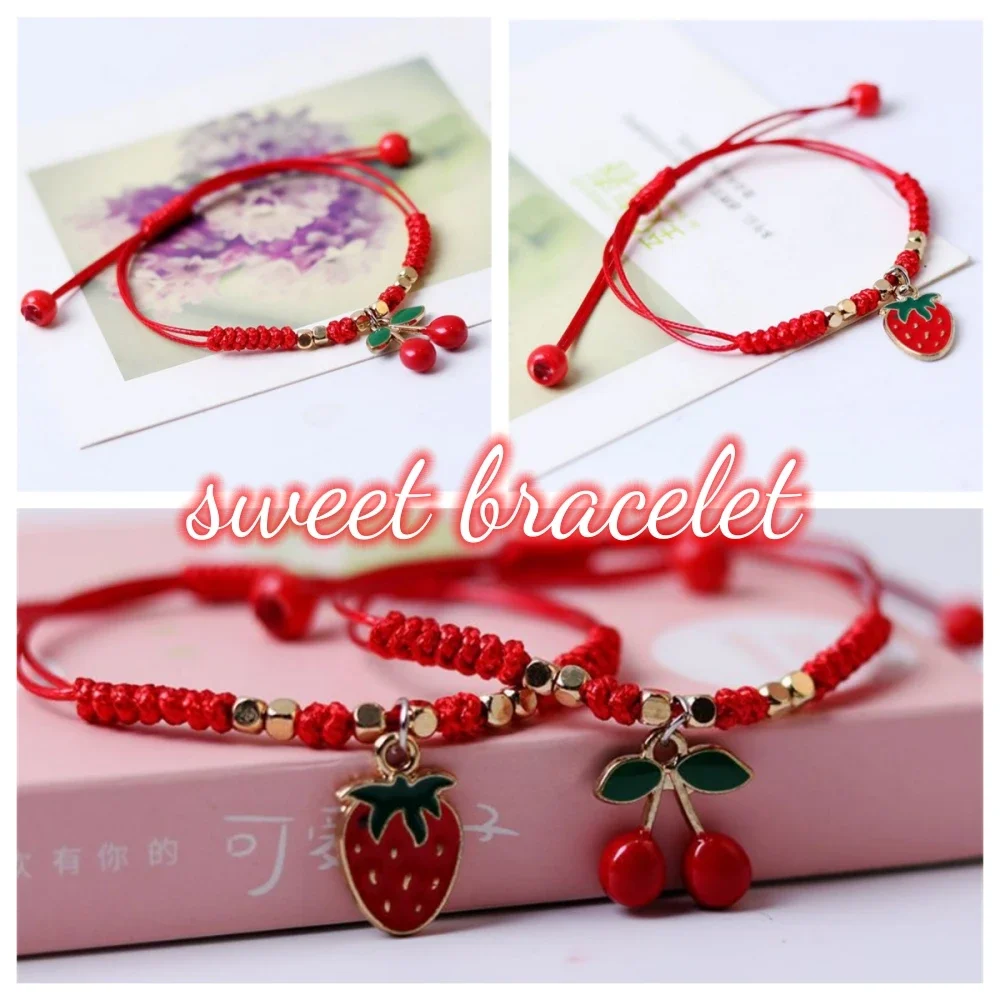 Dulce fresa cereza trenzada cuerda de mano DIY pulseras de cuerda roja ajustables para niñas accesorios de joyería