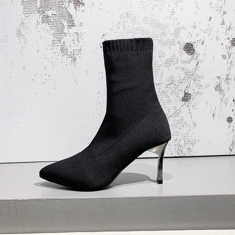 Autumn Luxury Women Black Sock Boots Dancer High Heels Stiletto Boots Winter Stretch Fabric Boots Plus Size