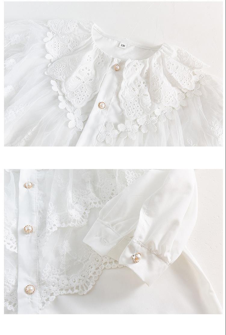 Camisa de encaje bordado para niña adolescente, Blusa de manga larga abombada de algodón con volantes para niña, blusas informales blancas para niño
