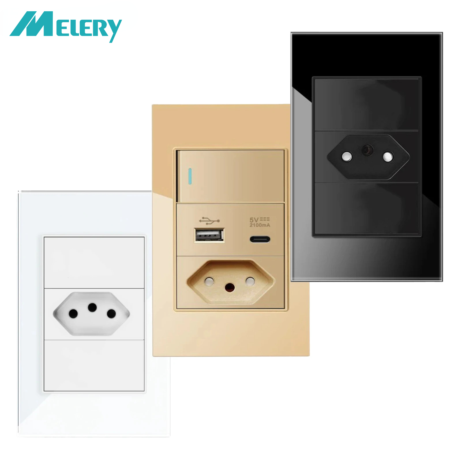 Melery 20A Brazil Wall Socket USB Type C Power Plug Pressure Switch Gold Glass Panel Position Jack Outlet Home Office Kitchen