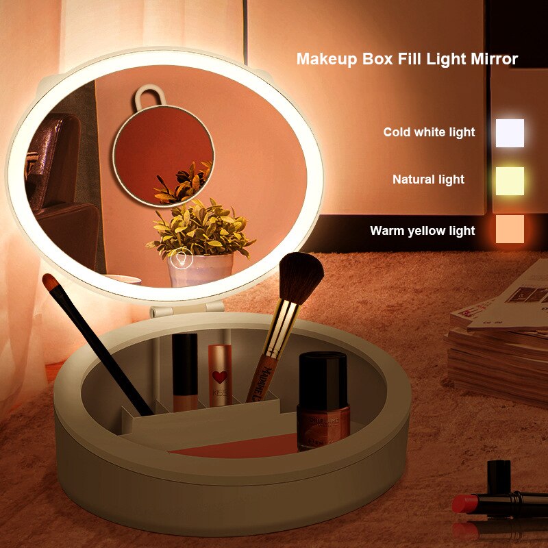 Make-upspiegel met led-verlichting en 10x vergrootspiegels, make-up organizer, touchscreen, usb-oplaadfunctie, cosmeticaspiegels