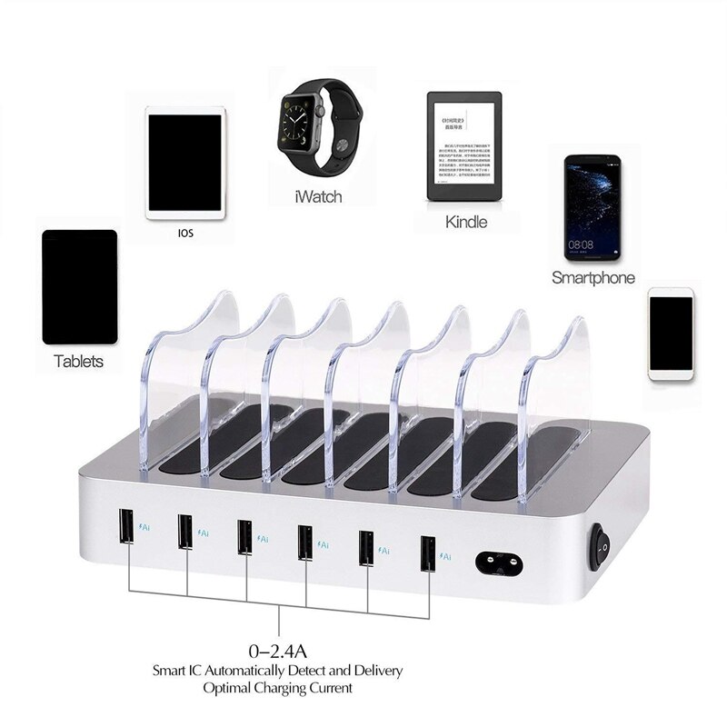 Multifunctioneel en duurzaam 6- poorts usb-desktoplaadstation geschikt voor kantoorgebruik (amerikaanse stekker): Zilver
