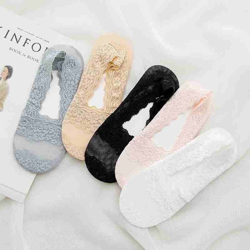 Calcetines náuticos de encaje para mujer, de silicona, antideslizantes, finos, de algodón, transpirables, cortos, florales, bordados, C6P0