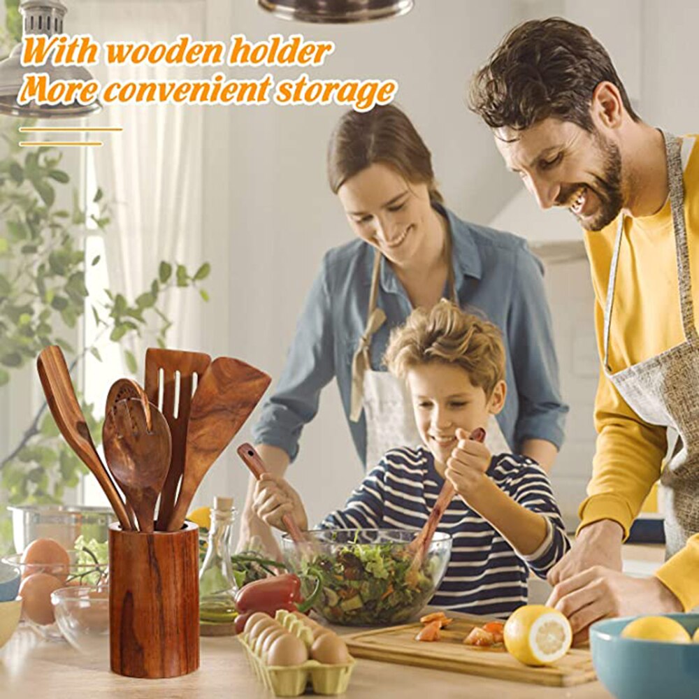 1-9 unids/set juego de utensilios de cocina de madera, cucharas de madera para cocinar, utensilios, cucharas de madera de teca Natural para de sartén antiadherente