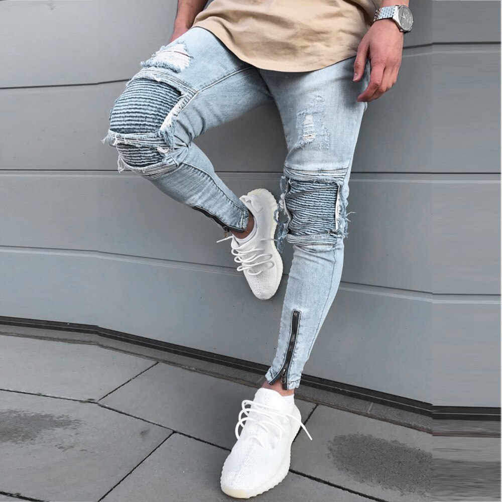 Män snygga slitna jeans byxor biker smal smal rak sliten denim byxor märke skinny jeans herrkläder