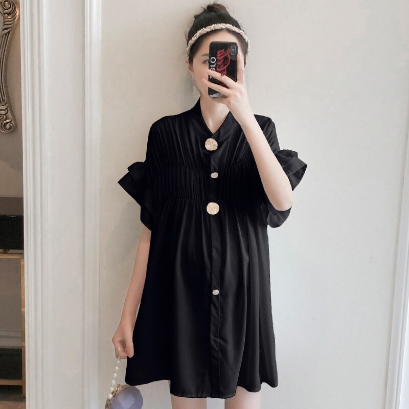 BUOYDM Dames Zwangere Fotografie Jurk Lange Chiffon Moederschap Omstandjurk Elegante Split Front Zwangerschapsjurken A-Blauw 2-katoen Chiffon Eén