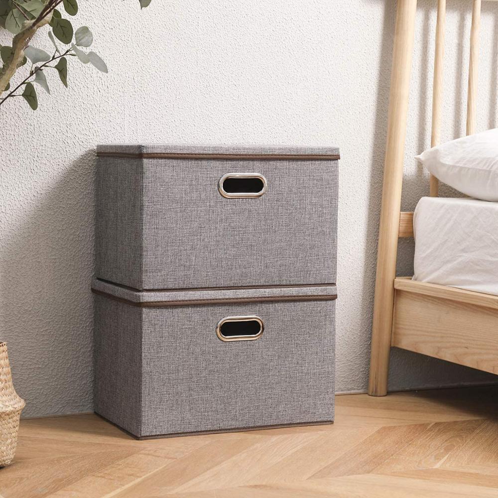 Large Foldable Storage Bin with Lid Linen Fabric Storage Box Organizer Containers Cube Divider for Bedroom Closet Office