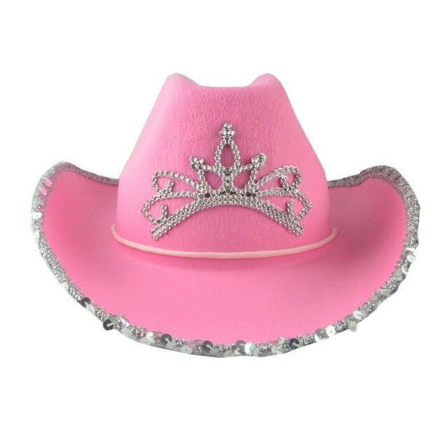 Western stil glødende cowboyhat lyserød #39 til kvinder skæv bred skygge med pailletter dekoration led krone tiara cowgirl hat: Lyserød 1