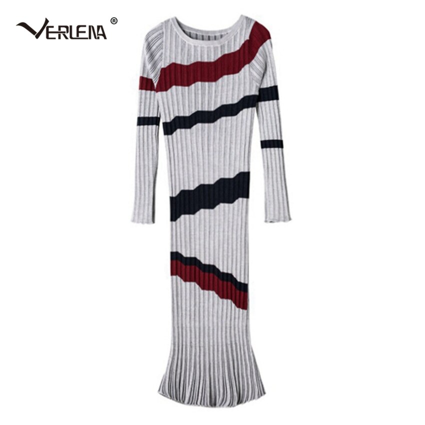 Verlena Langarm Plissee Plisse Gestrickte Pullover Kleid Getaucht Rüschen Saum Scoop Kragen Zarte Gefühl Mid-Waden Neue kleider