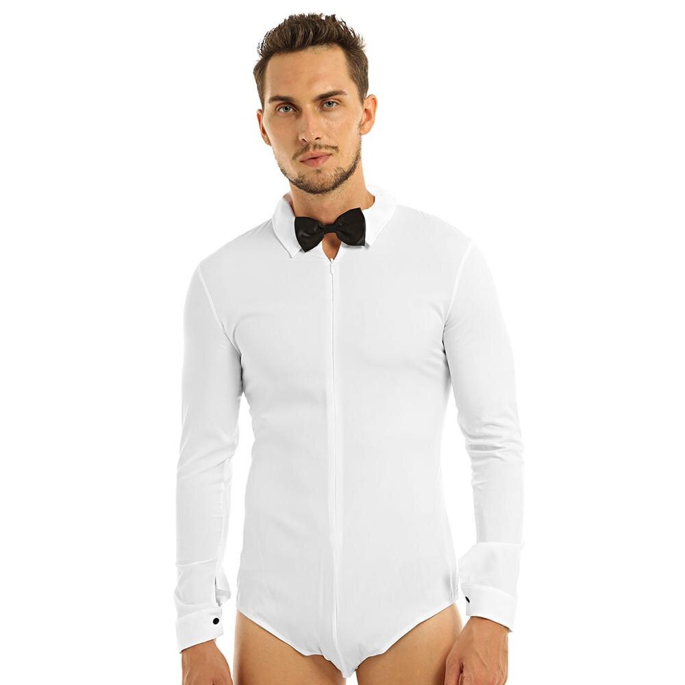 Heren latin dans shirts ballroom lange mouwen rits effen kleur latin moderne dans shirt met vlinderdas eendelig romper shirt