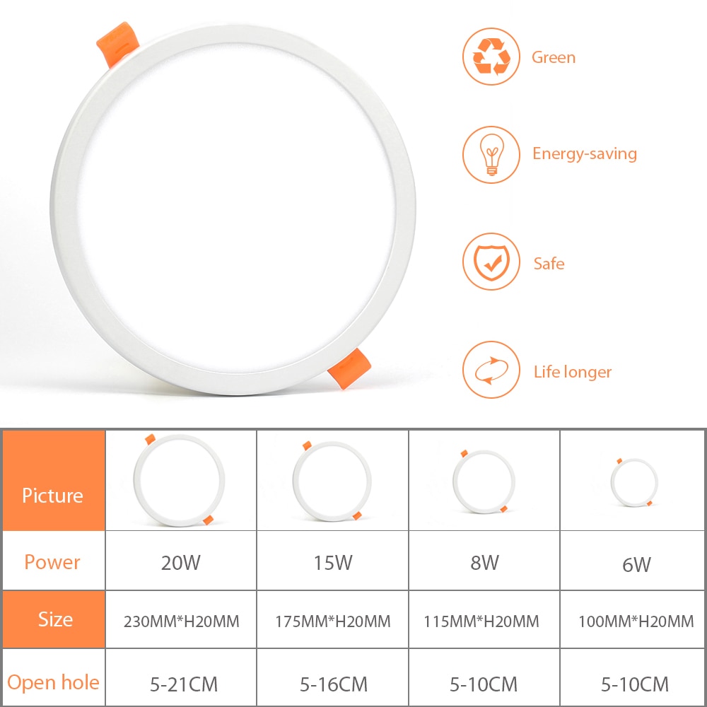220V Ultra Thin LED Panel Light 6W 8W 15W 20W Aluminum Round Ceiling Recessed Downlight open hole adjustable White 6000-6500K