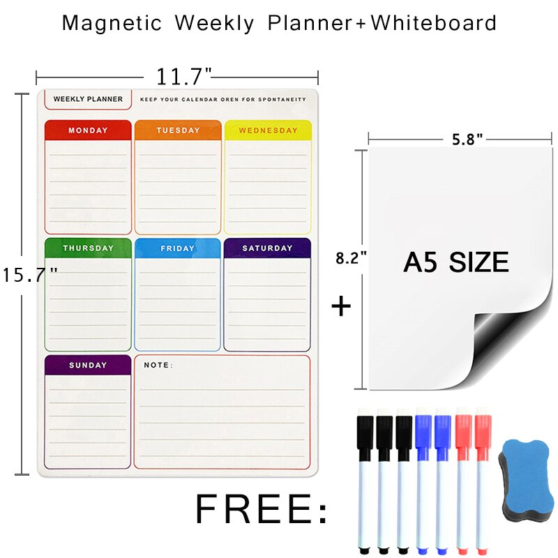 Planificador mensual semanal magnético A5, pizarra blanca, tablero de borrado en seco para calendario, pegatinas de nevera, notas borrables, mensajes, horario diario: S21A5-7P1E