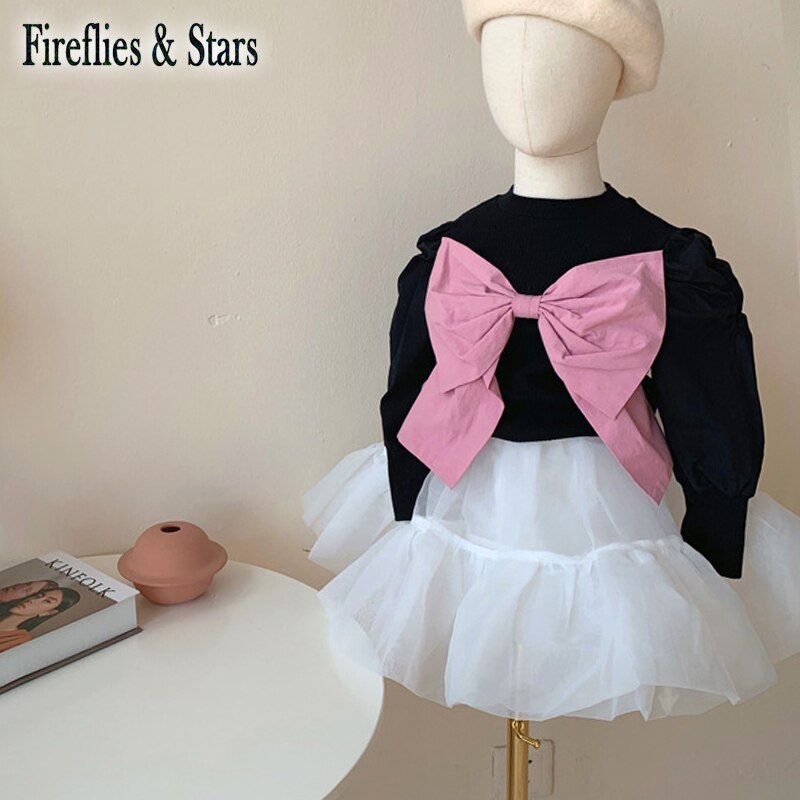 Primavera autunno ragazze maglione maglieria per bambini top lavorati a maglia per bambini abiti di moda per bambini moda manica a sbuffo fiocco grande da 2 a 9 anni