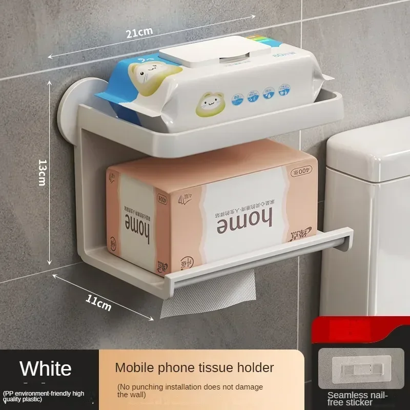 Aan de muur gemonteerde toiletrolhouder Stand Toiletpapier Dispenser Keuken Badkamer Opbergrek Voor Tissue Box Plank Telefoonhouder