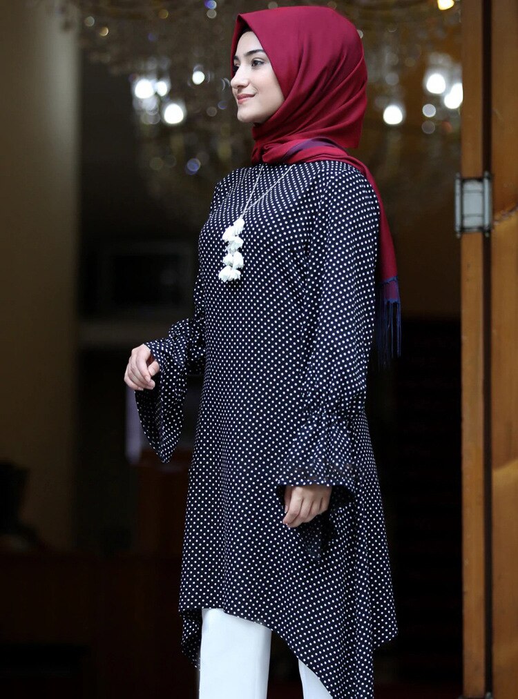 KALENMOS caftan musulman Abaya robe femmes été imprimé points Hijab longue Blouse hauts manches évasées asymétrique ourlet robes islamiques: Black / XL