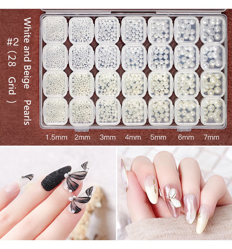 28 rutnät/uppsättning naglar glitter halv pärla nit nitar legering set för 3d pärlor diy hem nagelkonst dekoration smycken pärla leverantör: 002