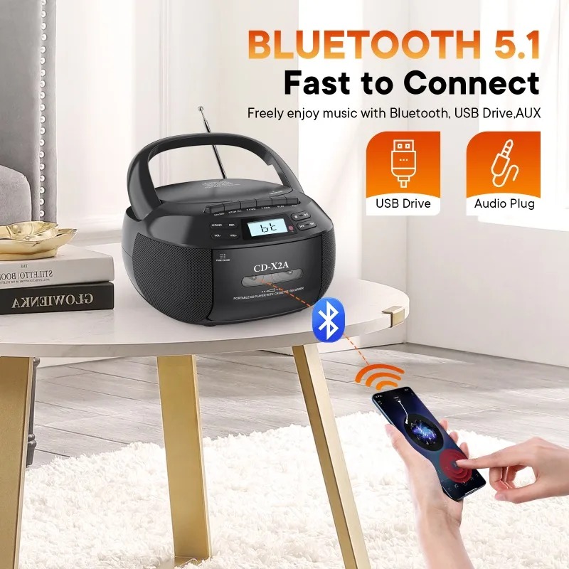 Boombox CD Player Portable Cassette AM FM Radio Bluetooth Speakers AUX USB MP3 Plays with Remote Control Support AC/DC Powered